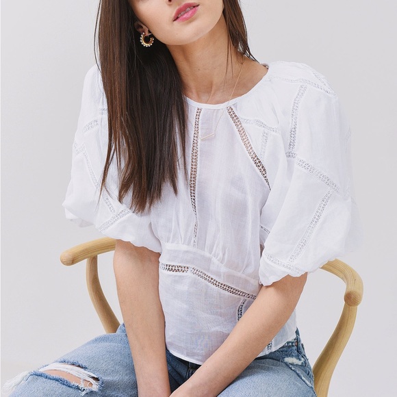 Frame Inset Lace Gathered Seam Top, Size S, White - Picture 3 of 11